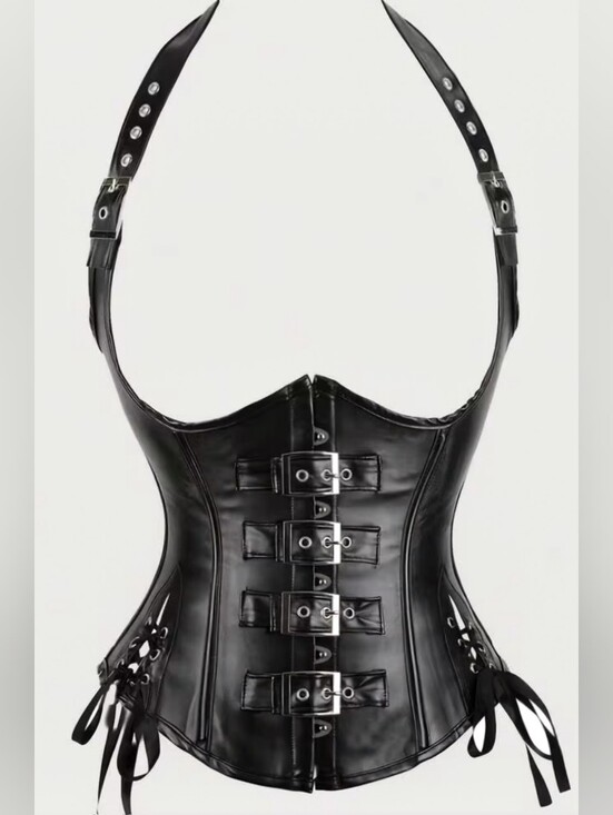 Source Unknown Tops - Gothic steampunk faux leather buckled underbust corset with halter neck MEDIUM